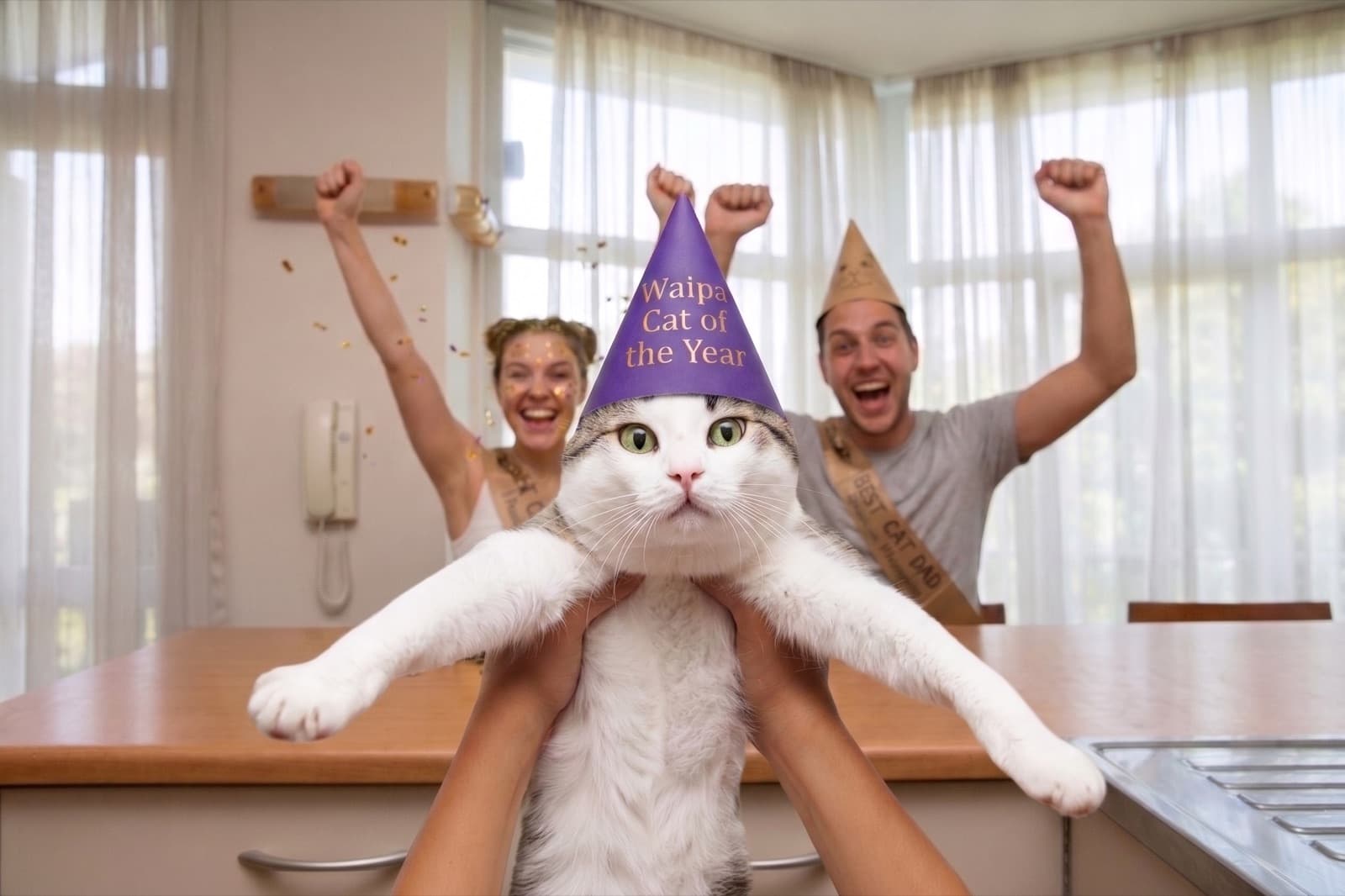 A cat in a party hat held up by its cheering owners